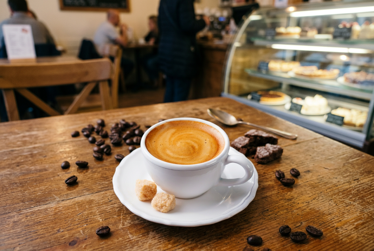 Espresso na stolu u Poslastičarnici Cana